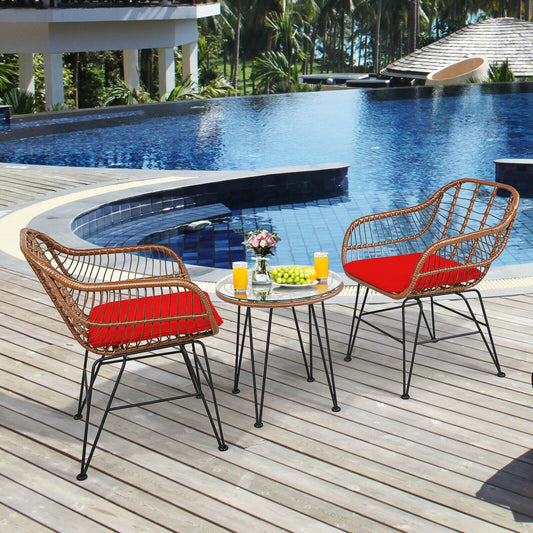 3 Piece Patio Rattan Bistro Set With Cushion, Red