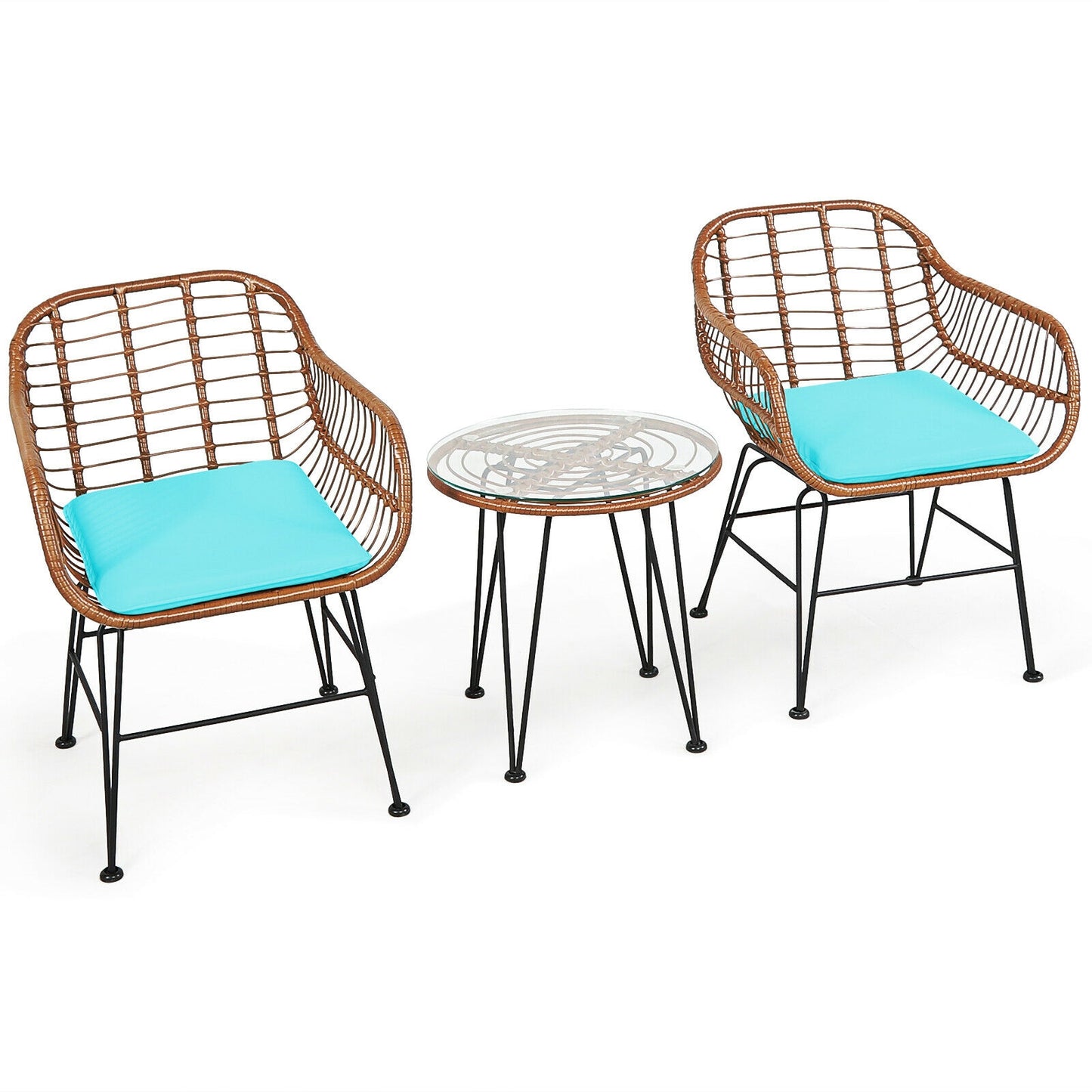 3 Piece Patio Rattan Bistro Set With Cushion, Turquoise Patio Conversation Sets at Gallery Canada