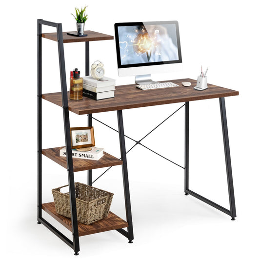 Compact Computer Desk Workstation with 4 Tier Shelves for Home and Office, Brown at Gallery Canada