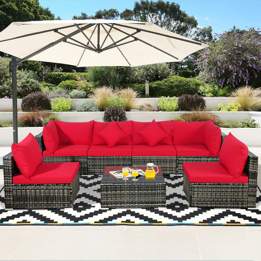 7-Piece Patio Rattan Furniture Set, Sectional Sofa, Red Outdoor Sectionals Red at Gallery Canada