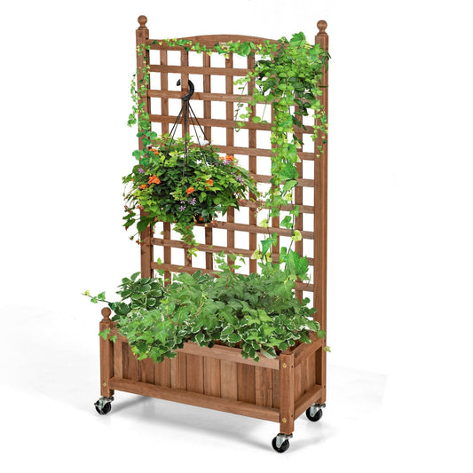 50 Inch Wood Planter Box with Trellis Mobile Raised Bed for Climbing Plant, Brown