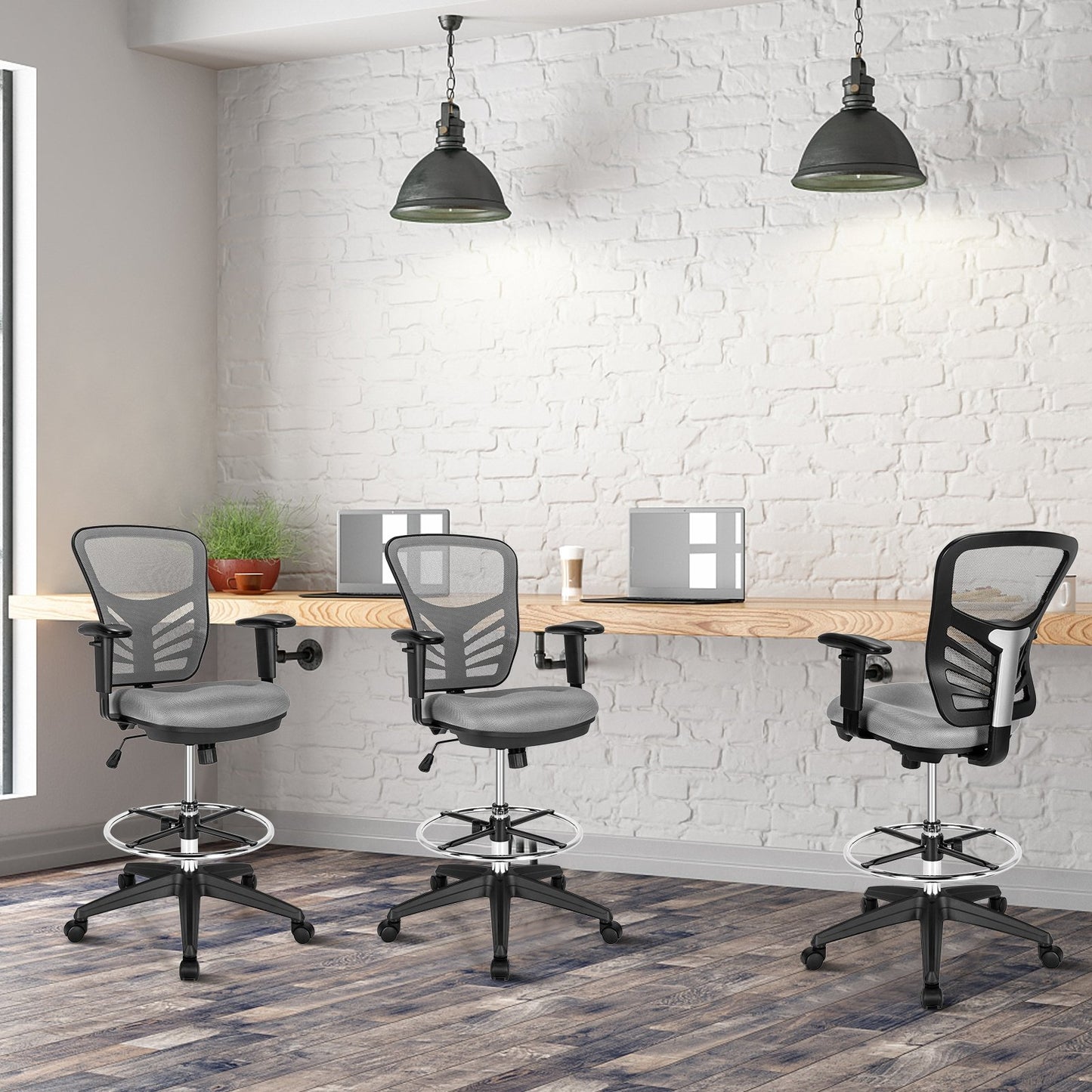 Mesh Drafting Chair Office Chair with Adjustable Armrests and Foot-Ring, Gray at Gallery Canada