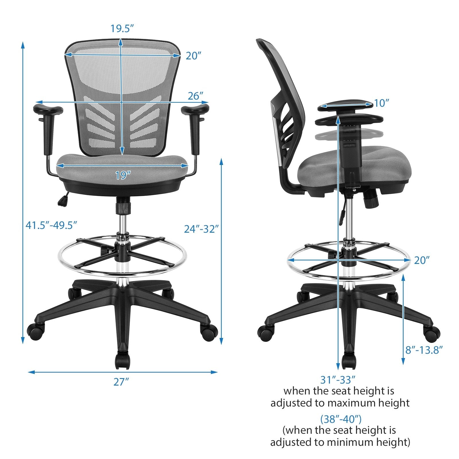 Mesh Drafting Chair Office Chair with Adjustable Armrests and Foot-Ring, Gray at Gallery Canada
