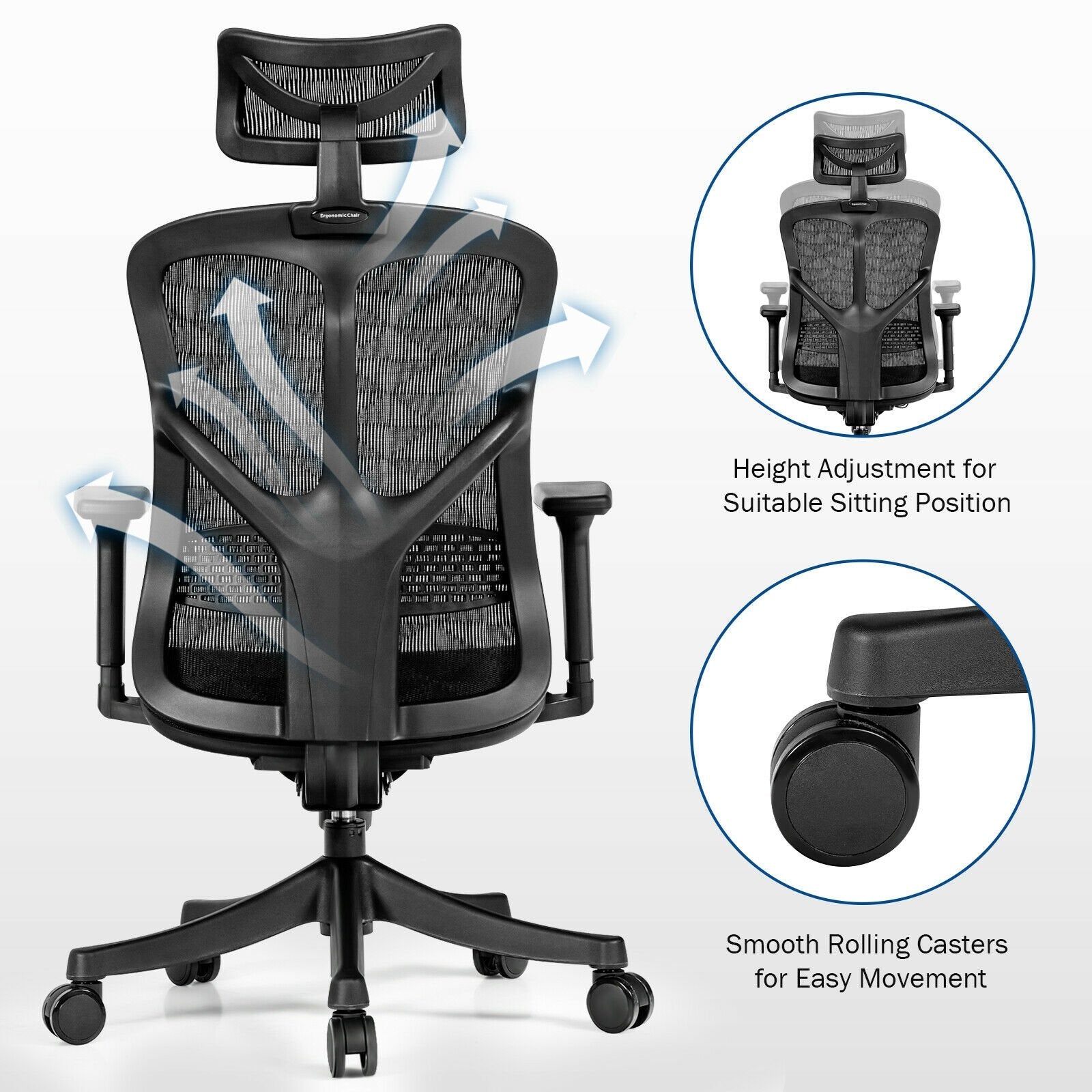 Ergonomic High Back Mesh Adjustable Swivel Office Chair, Black at Gallery Canada