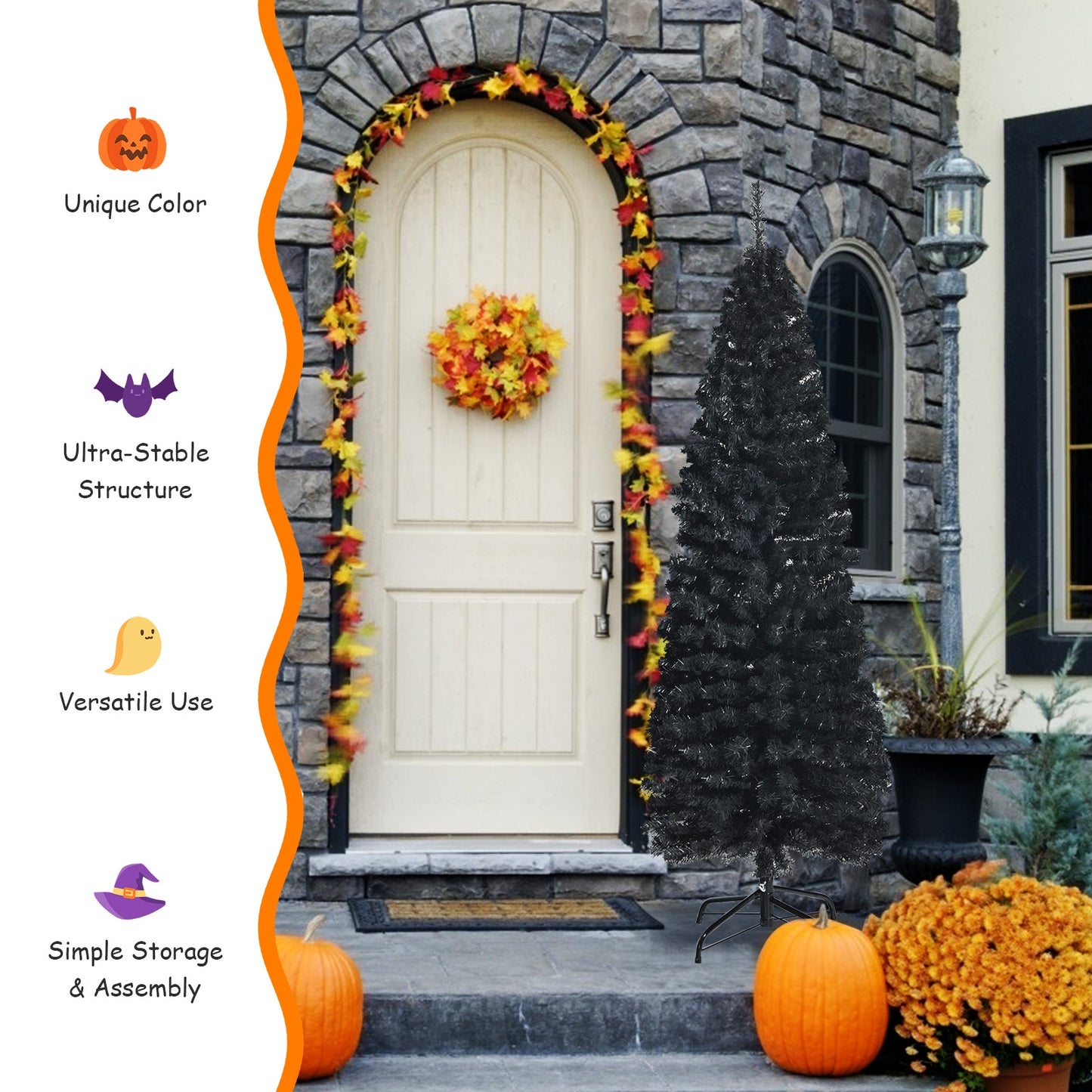 6 Feet Artificial Christmas Halloween Pencil Tree, Metal Stand, Black