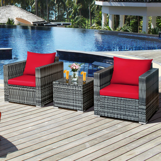 3 Pcs Patio Rattan Bistro Sofa Set, Cushioned, Red Patio Conversation Sets Red at Gallery Canada