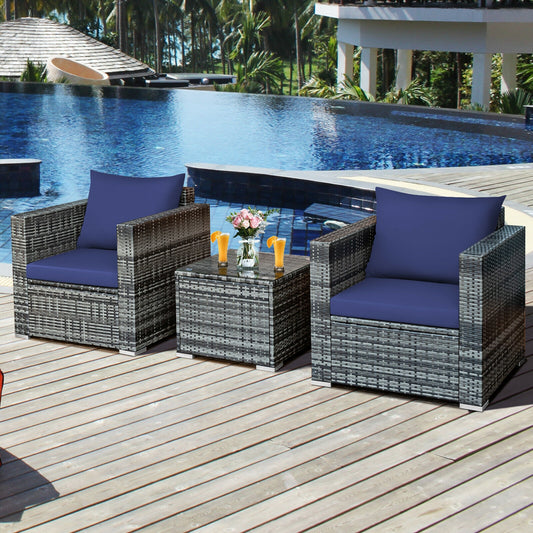 3 Pcs Patio Rattan Bistro Sofa Set, Cushioned, Navy Patio Conversation Sets Navy at Gallery Canada