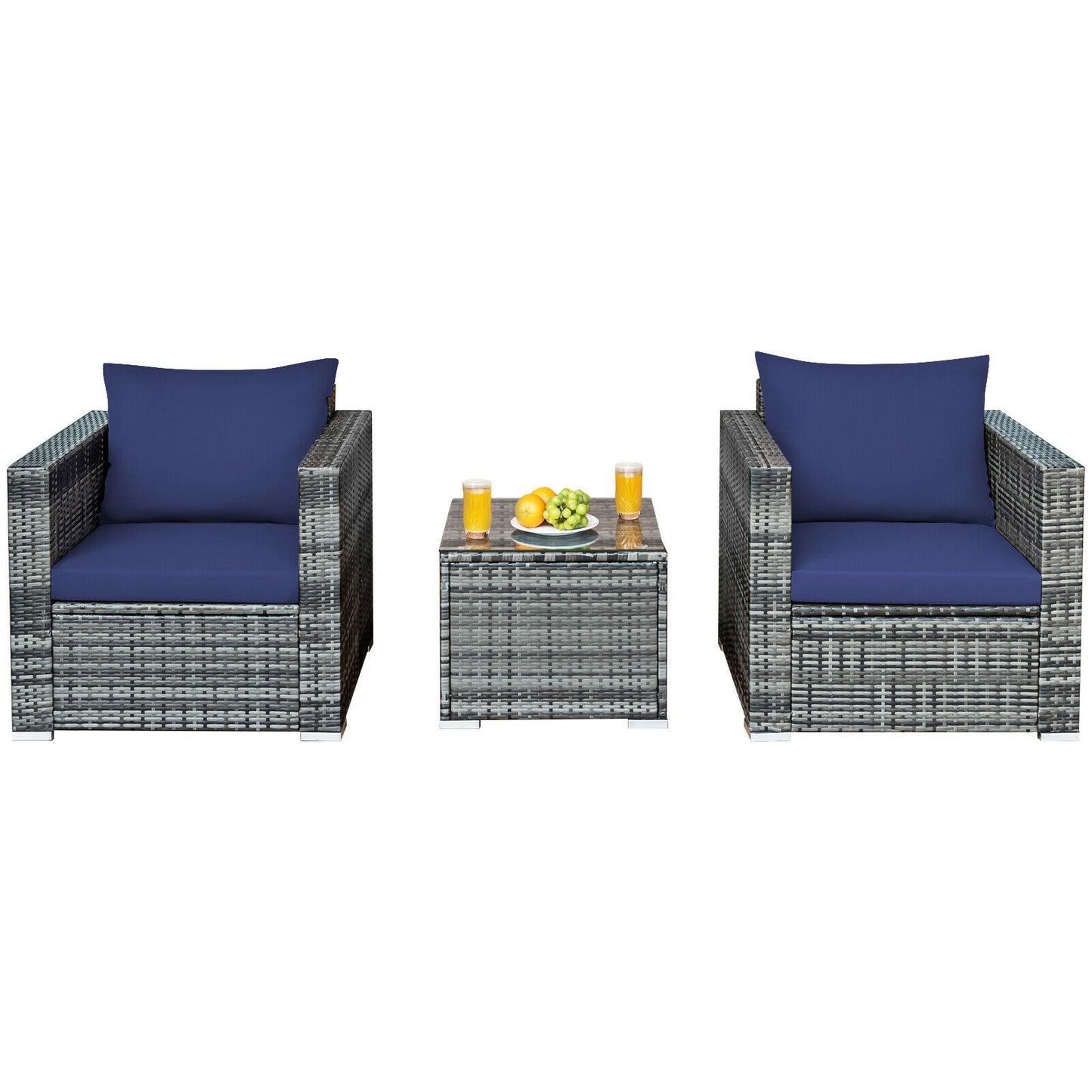 3 Pcs Patio Rattan Furniture Bistro Sofa Set with Cushioned, Navy Patio Conversation Sets at Gallery Canada