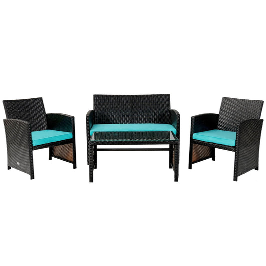 4 Pieces Patio Rattan Cushioned Furniture Set, Turquoise