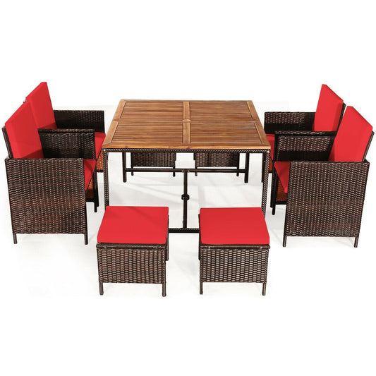 9PCS Patio Rattan Dining Cushioned Chairs Set, Red