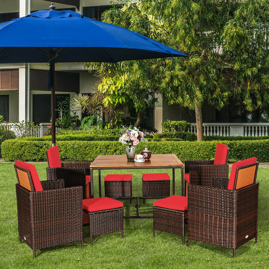 9PCS Rattan Dining Chair Set, Cushioned, Red Patio Dining Sets Red at Gallery Canada