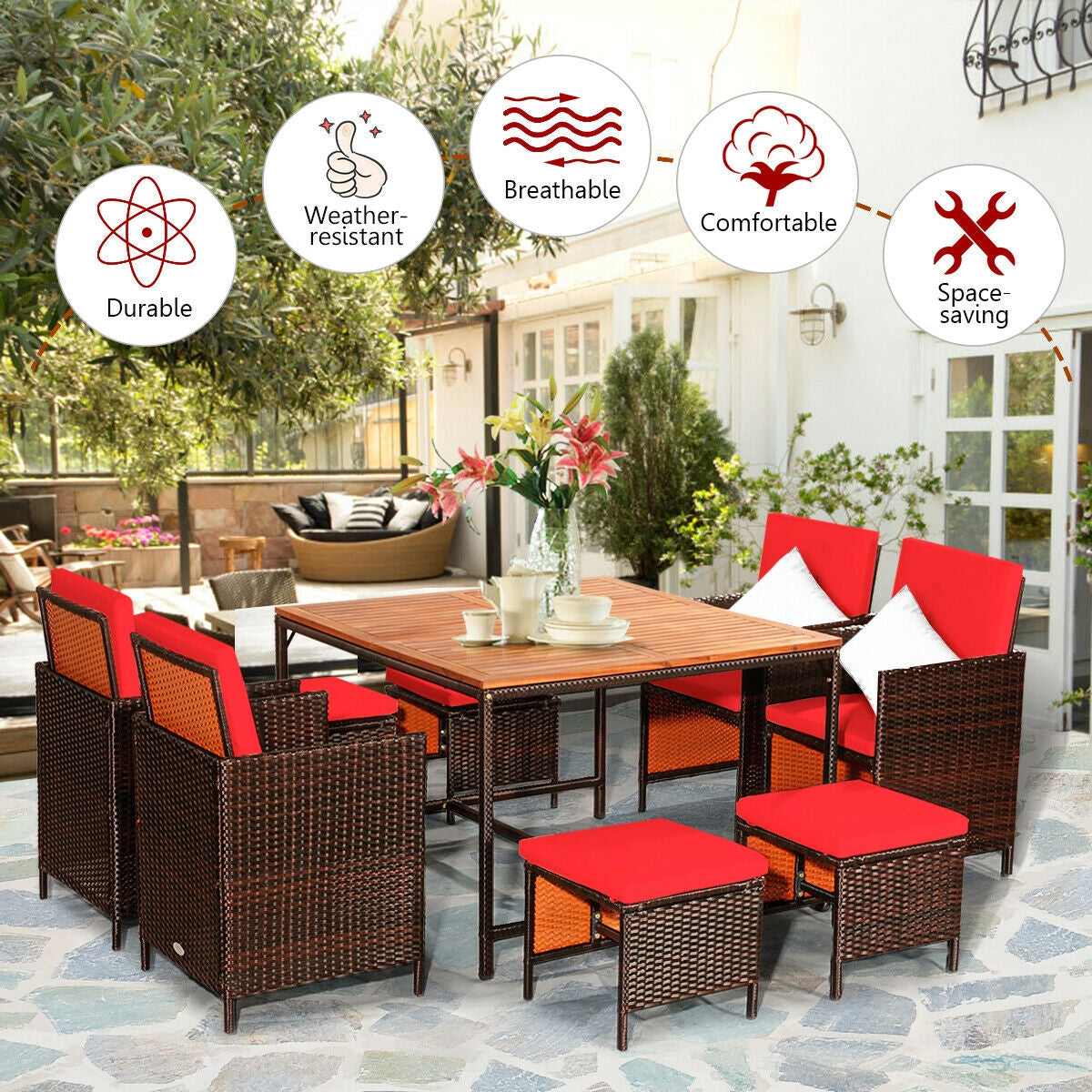 9PCS Rattan Dining Chair Set, Cushioned, Red Patio Dining Sets at Gallery Canada