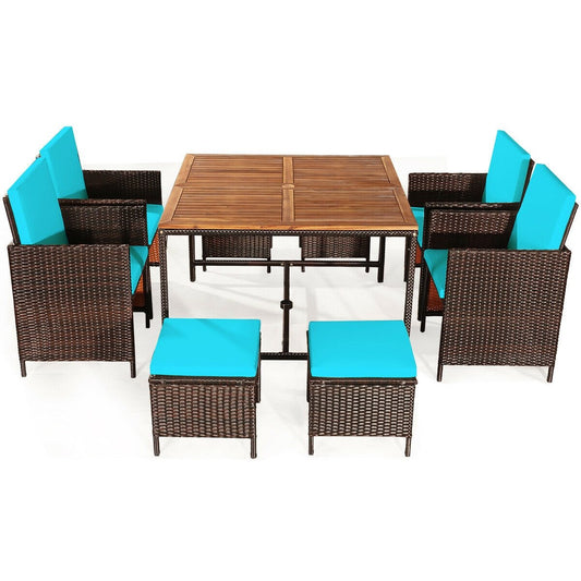 9PCS Patio Rattan Dining Cushioned Chairs Set, Turquoise