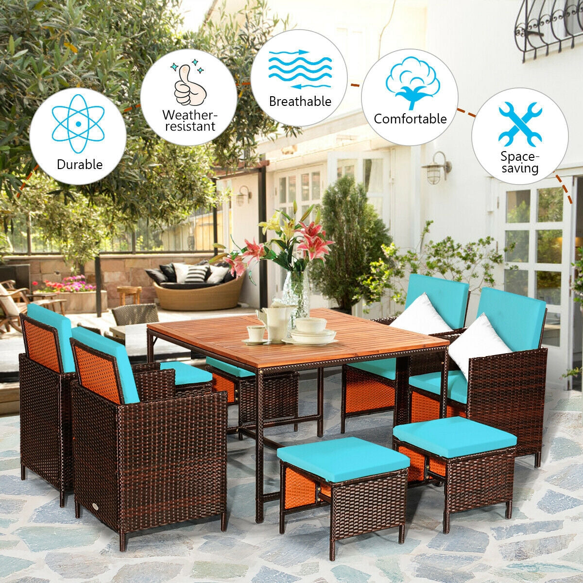 9PCS Patio Rattan Dining Cushioned Chairs Set, Turquoise Patio Dining Sets at Gallery Canada