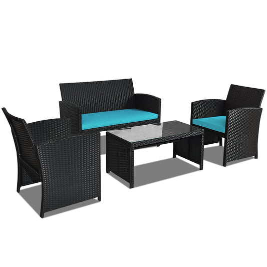 4 Pieces Rattan Patio Furniture Set with Weather Resistant Cushions and Tempered Glass Tabletop, Turquoise