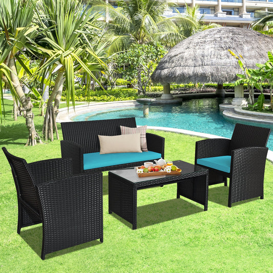 4 Pieces Rattan Patio Furniture Set with Weather Resistant Cushions and Tempered Glass Tabletop, Turquoise Patio Conversation Sets Turquoise at Gallery Canada