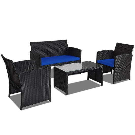 4 Pieces Rattan Patio Furniture Set with Weather Resistant Cushions and Tempered Glass Tabletop, Navy