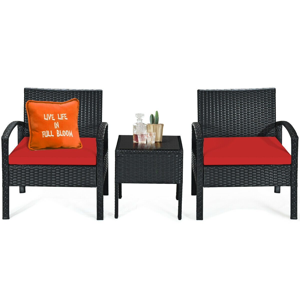3 Pieces Outdoor Rattan Patio Conversation Set with Seat Cushions, Red Patio Conversation Sets at Gallery Canada