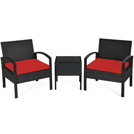 3 Pieces Outdoor Rattan Patio Conversation Set with Seat Cushions, Red