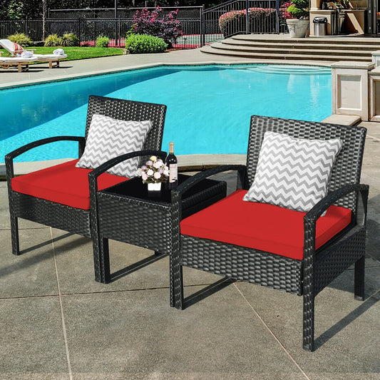 3 Pieces Outdoor Rattan Patio Conversation Set with Seat Cushions, Red Patio Conversation Sets Red at Gallery Canada