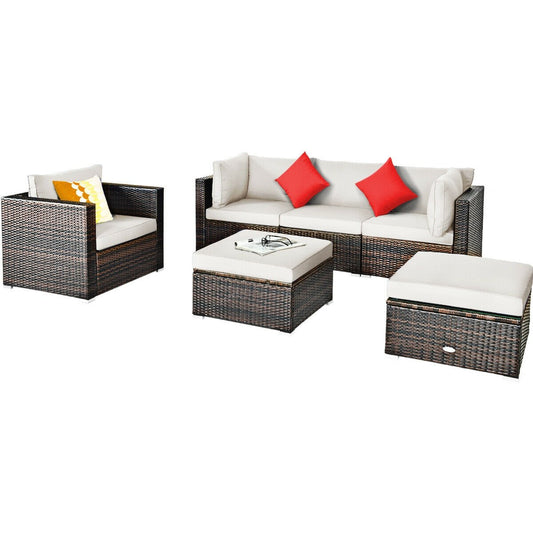 6 Pieces Patio Rattan Furniture Set with Sectional Cushion, White