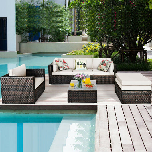 6-Piece Patio Rattan Furniture Set, Sectional Cushion, White Outdoor Sectionals White at Gallery Canada