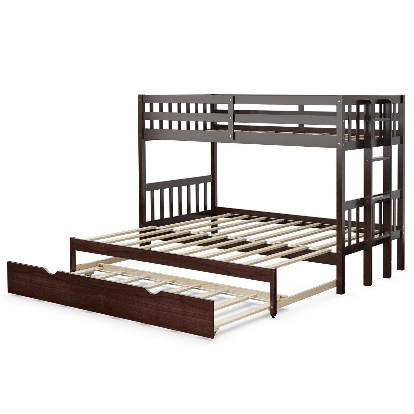 Twin Pull-Out Bunk Bed With Trundle, Wooden Ladder, Dark Brown