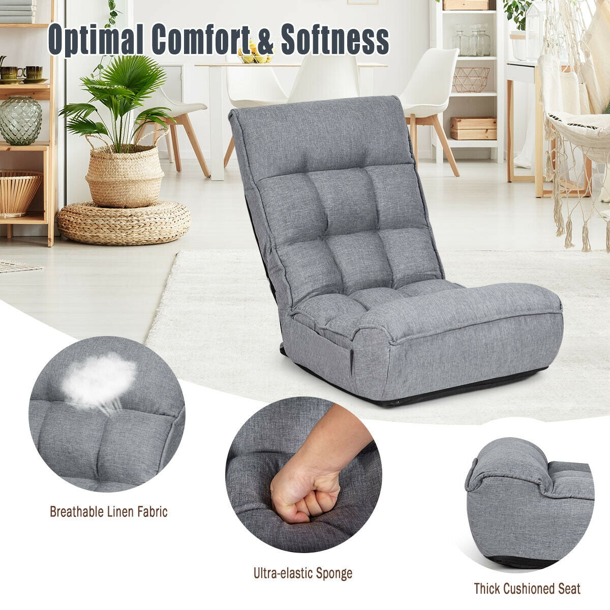 4-Position Adjustable Floor Chair, Folding Lazy Sofa, Gray Floor Chairs at Gallery Canada