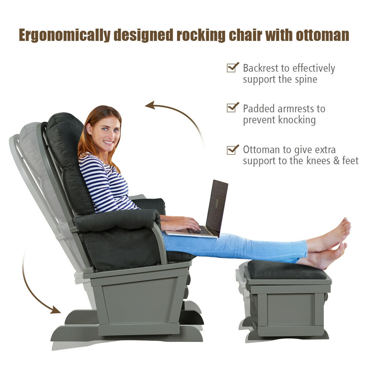 Wood Baby Glider Ottoman Set, Padded Armrests, Dark Gray Recliners at Gallery Canada