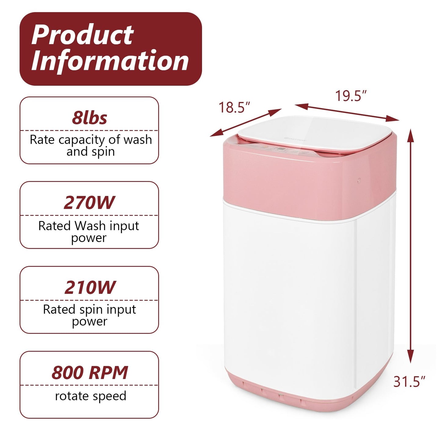 8lbs Portable Fully Automatic Washing Machine with Drain Pump, Pink
