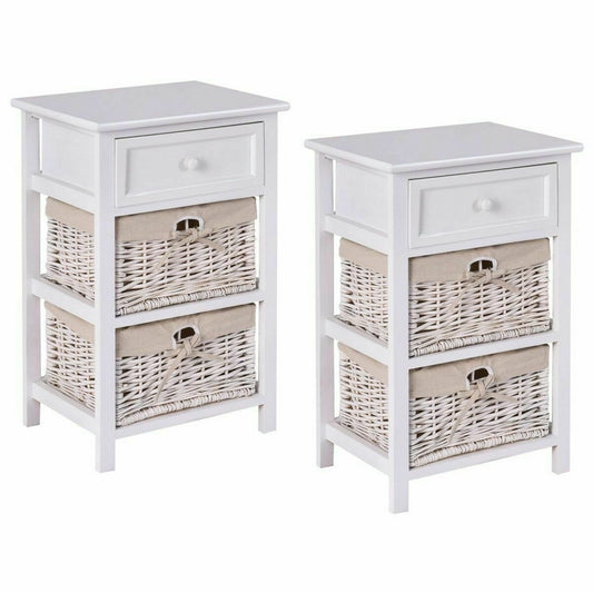 3 Tier Set of 2 Wood Nightstand with 1 and 2 Basket Drawer , White