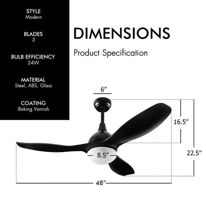 Modern 48 Inch Ceiling Fan with Dimmable LED Light and Remote Control Reversible Blades, Black