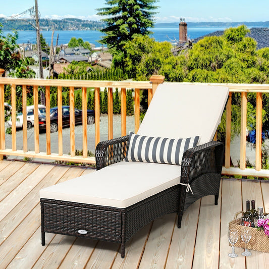 PE Rattan Chaise Lounge Chair Arm Chair Recliner Adjustable with Pillow, Brown Outdoor Chaise Lounges Brown at Gallery Canada