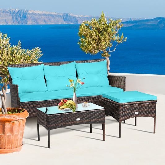 3 Piece Patio Furniture Sectional Set, 5 Seat Cushions, Turquoise