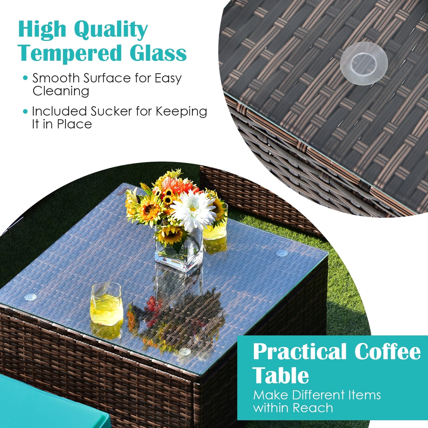 6-Piece Patio Rattan Furniture Set, With Cushions And Glass Table, Blue Outdoor Sectionals at Gallery Canada