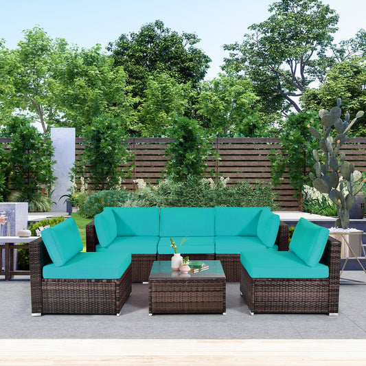 6-Piece Patio Rattan Furniture Set, With Cushions And Glass Table, Blue Outdoor Sectionals Blue at Gallery Canada