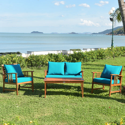 Wooden Patio Furniture Set, 4 Pieces, Table Sofa Chair Cushioned, Turquoise Patio Conversation Sets Turquoise at Gallery Canada