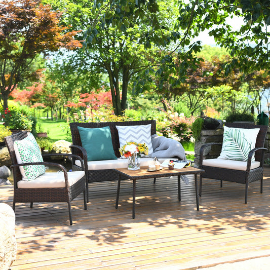 4 Piece Patio Cushioned Wicker Conversation Set, Acacia Wood Tabletop, Brown Patio Conversation Sets Brown at Gallery Canada