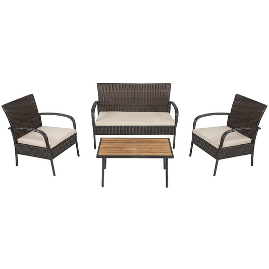 4 Pieces Patio Cushioned Wicker Conversation Set with Acacia Wood Tabletop, Brown