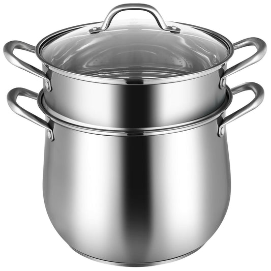 2-Tier Steamer Pot Saucepot Stainless Steel with Tempered Glass Lid, Silver