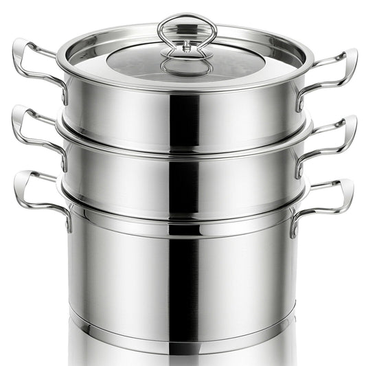 2/3 Tier Stainless Steel Steamer with Handles and Glass Lid-3-Tier, Silver