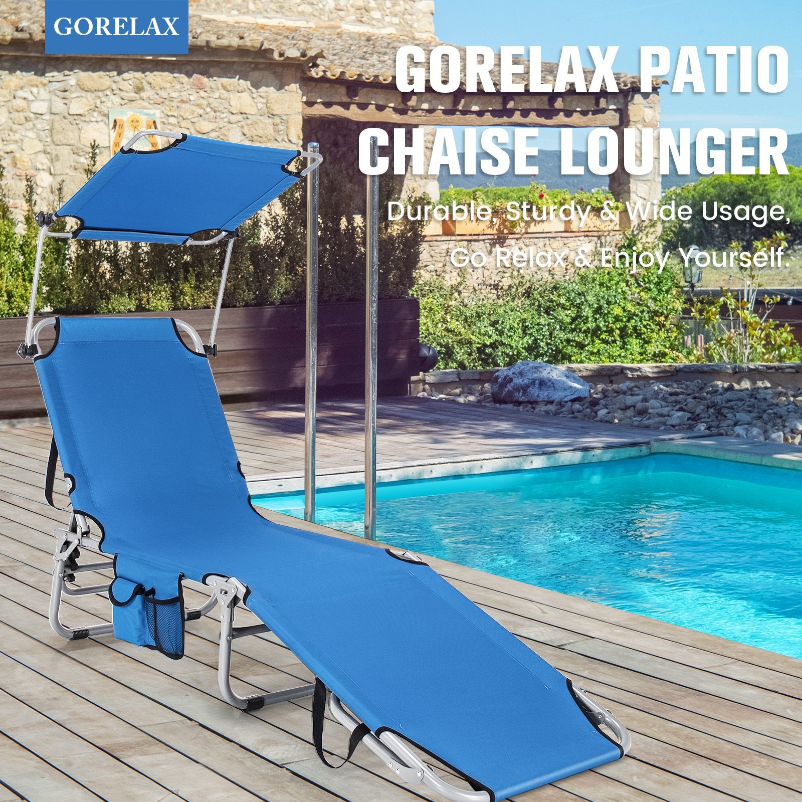 Adjustable Outdoor Beach Patio Pool Recliner with Sun Shade, Navy at Gallery Canada