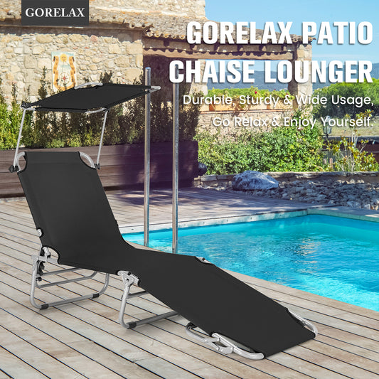 Adjustable Outdoor Beach Patio Pool Recliner with Sun Shade, Black Outdoor Chaise Lounges Black at Gallery Canada