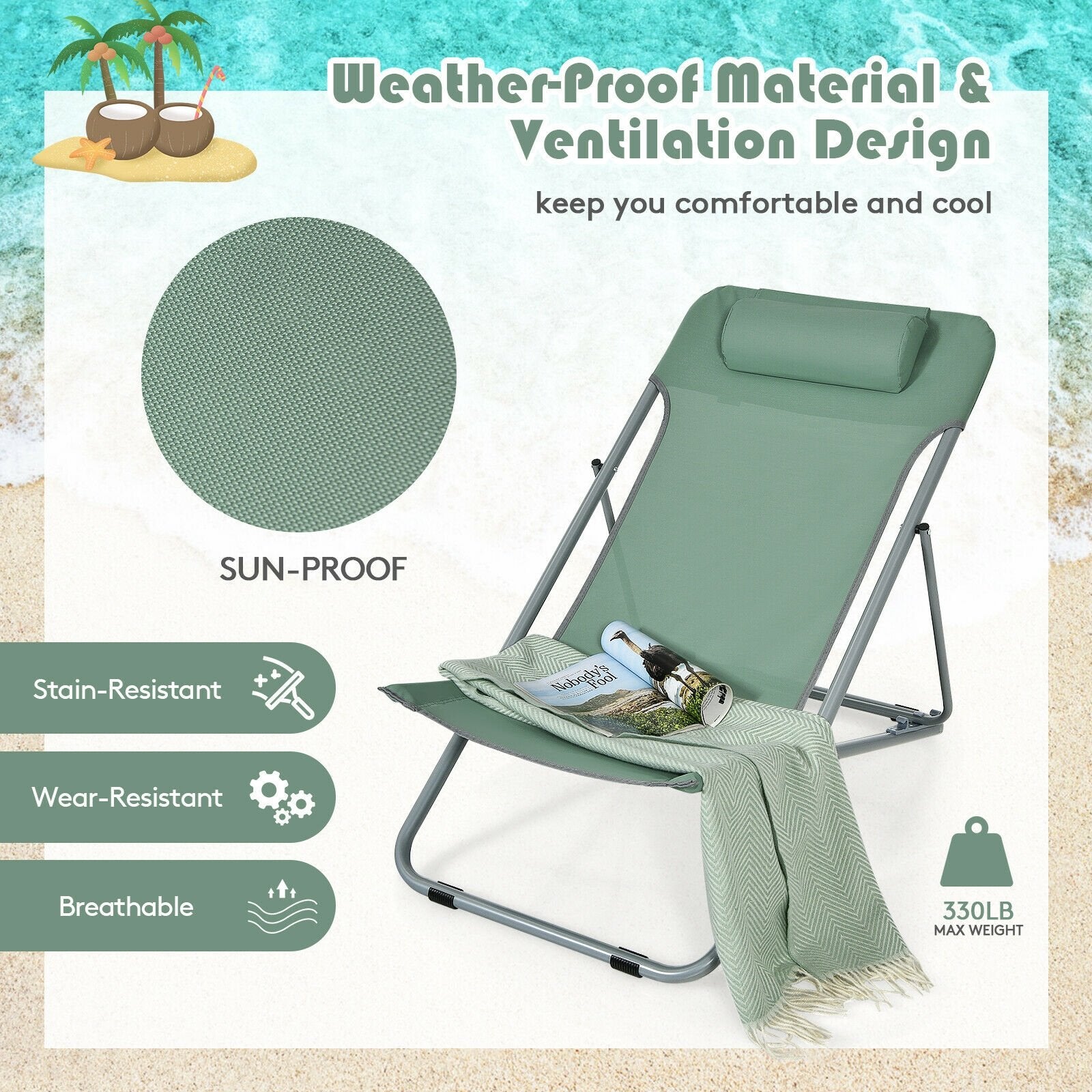 Portable Beach Chair Set of 2 with Headrest , Green at Gallery Canada