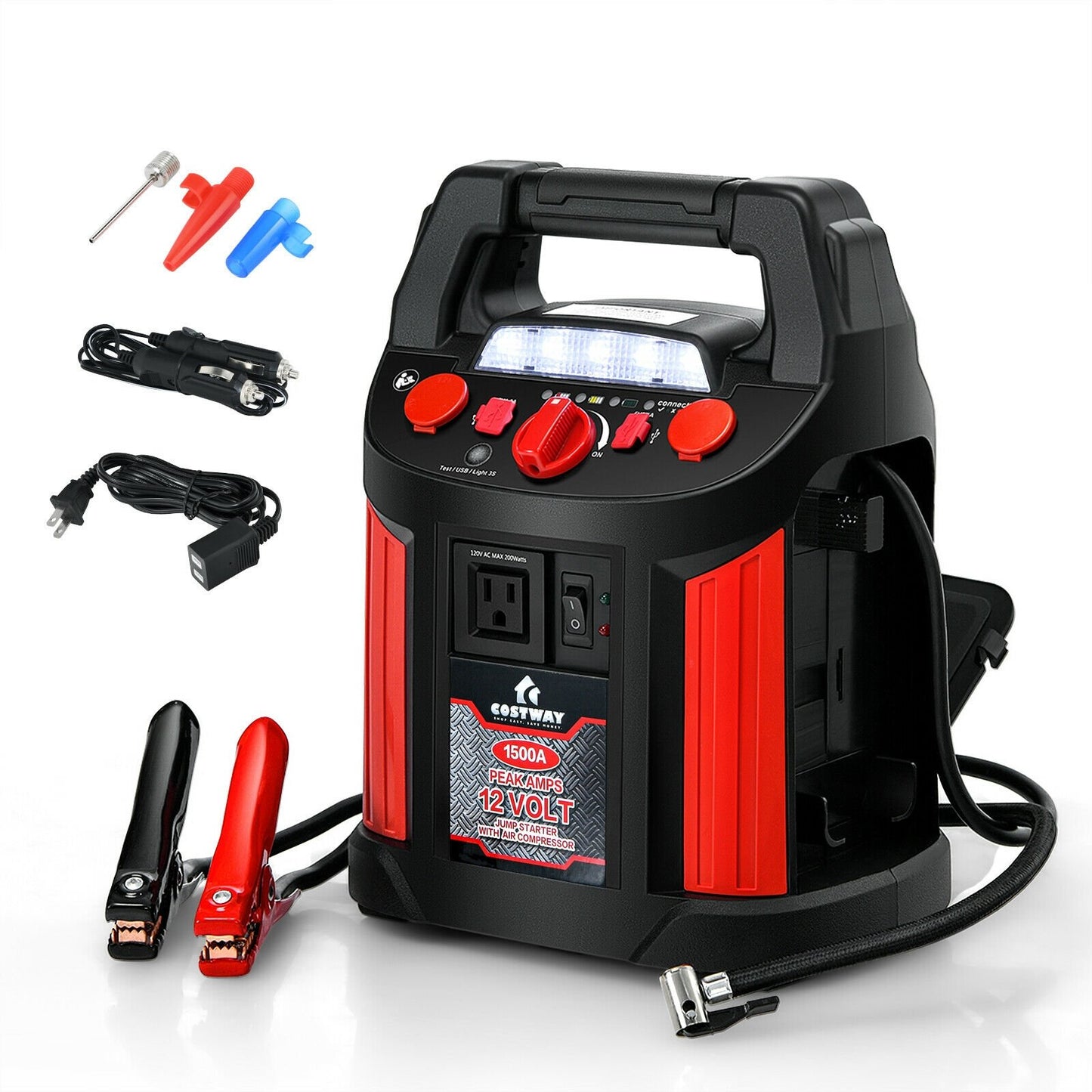 Jump Starter Air Compressor Power Bank Charger with LED Light and DC Outlet, Black & Red
