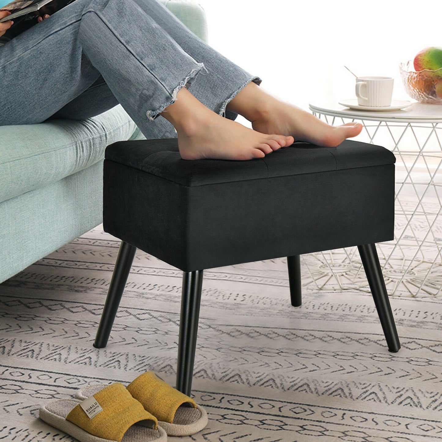 Velvet Storage Ottoman with Solid Wood Legs for Living Room Bedroom, Black at Gallery Canada