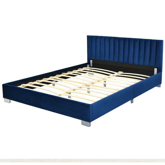 Full Tufted Upholstered Platform Bed Frame with Flannel Headboard, Navy at Gallery Canada
