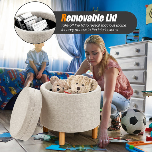 Round Fabric Storage Ottoman With Tray, Non-Slip Pads, Beige Ottomans Beige at Gallery Canada