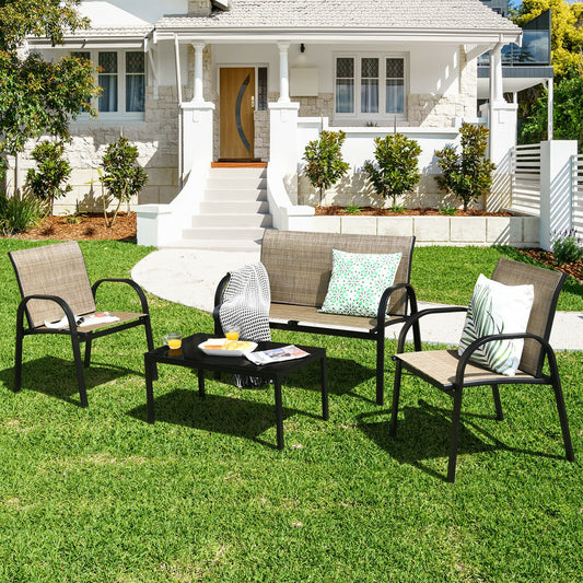 4 Piece Patio Furniture Set, Glass Top Coffee Table, Brown Patio Conversation Sets Brown at Gallery Canada