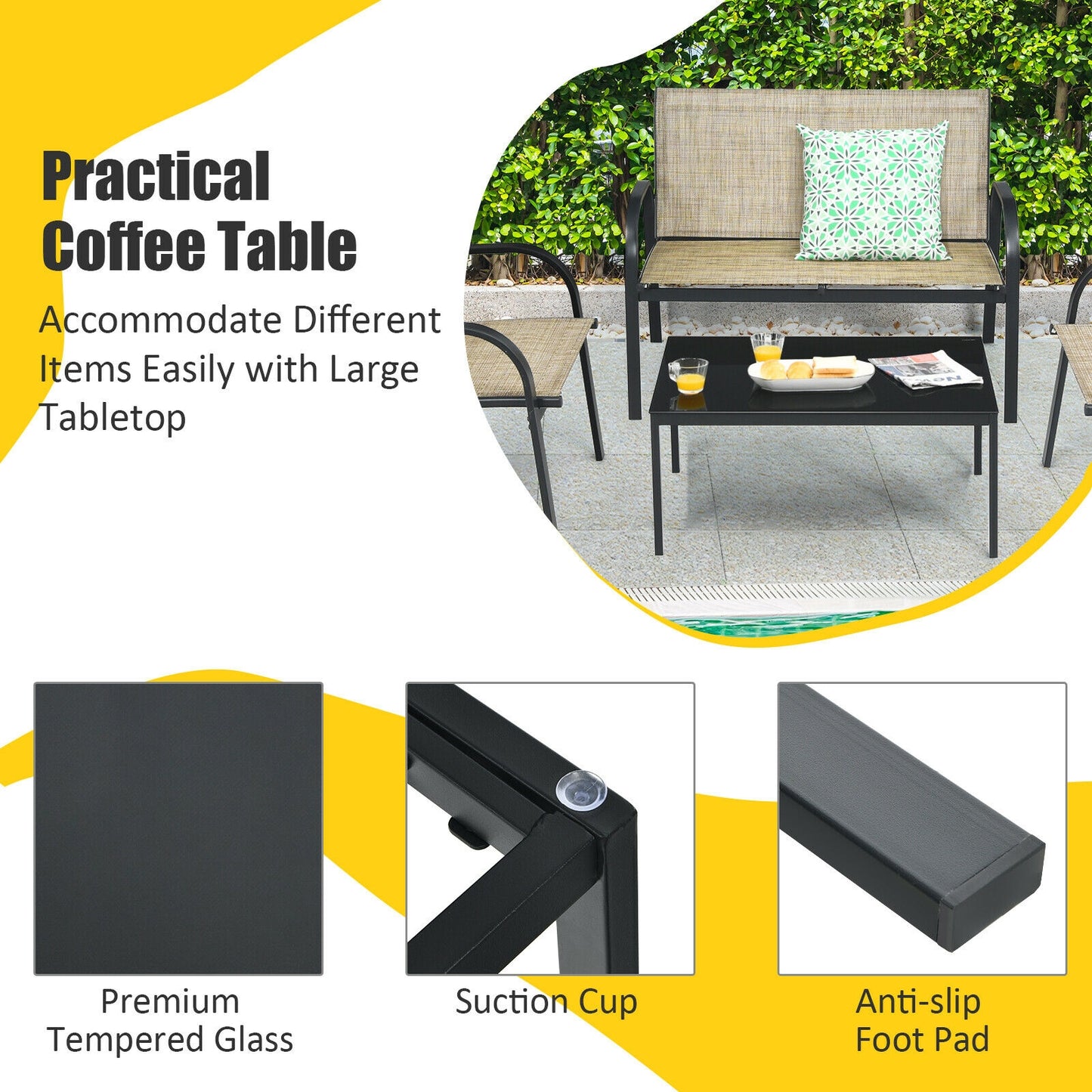 4 Piece Patio Furniture Set, Glass Top Coffee Table, Brown Patio Conversation Sets at Gallery Canada